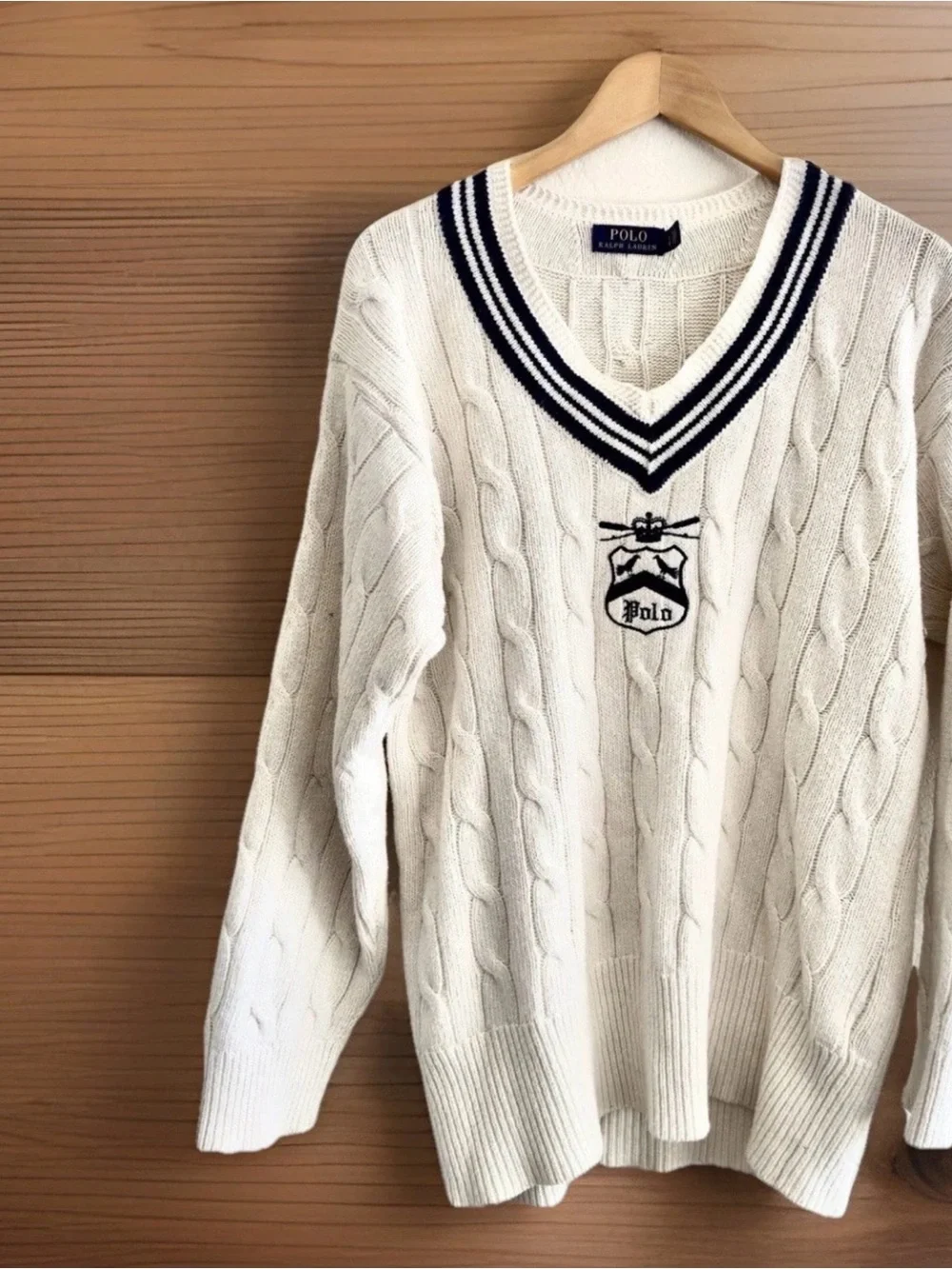 Polo by Ralph Lauren White Cable-Knit V-Neck Sweater with Navy Trim